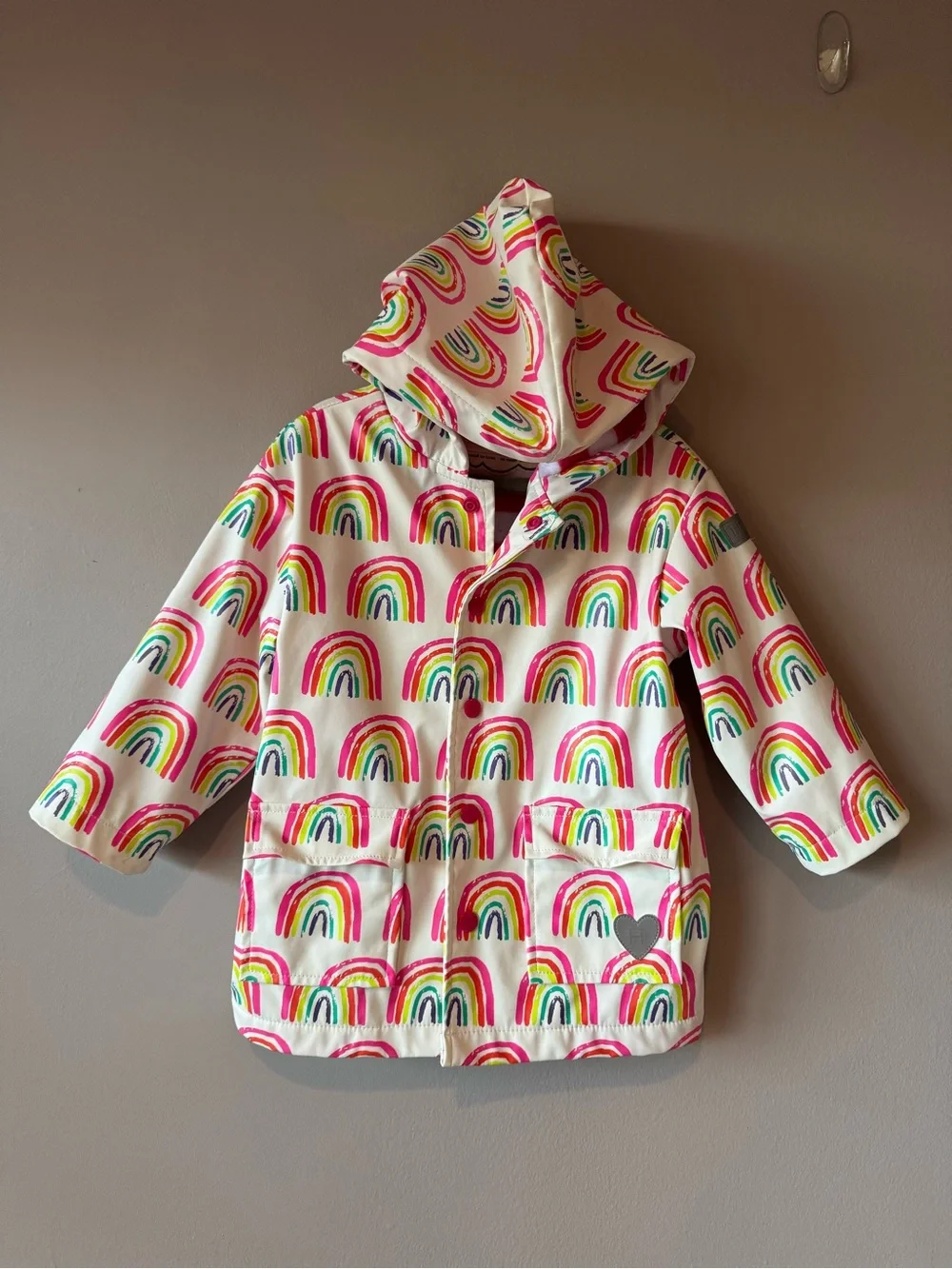 Hatley Toddler Girl Rainbow Print Pink Striped Terry Lined Raincoat Size 3 Years